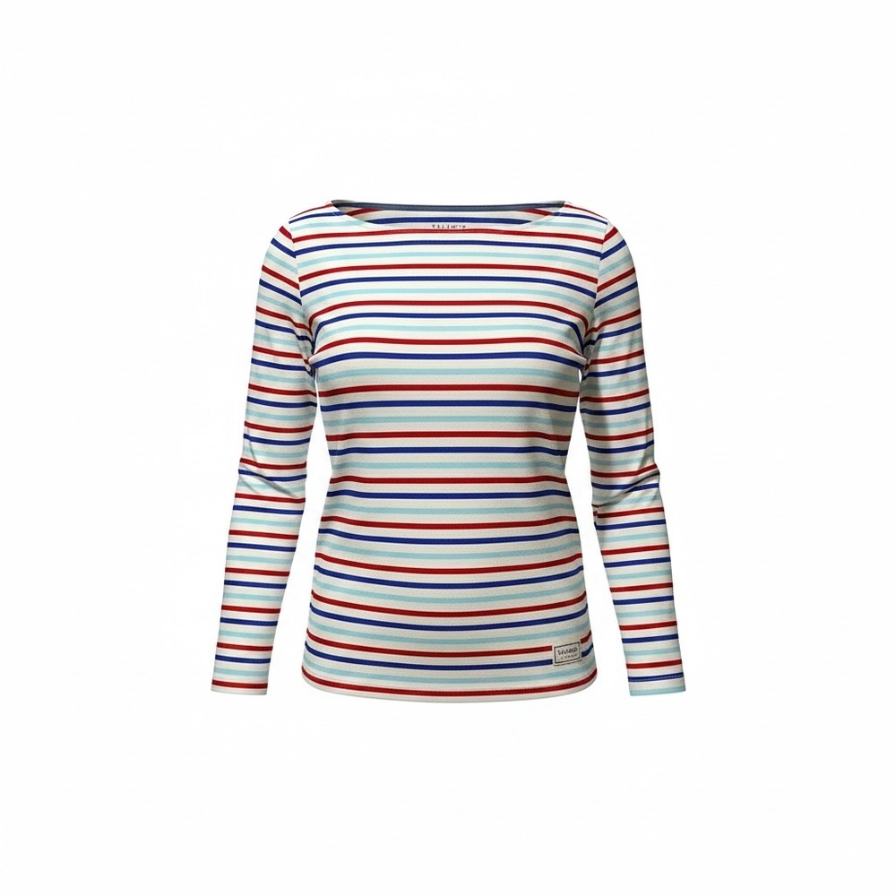 Talbots Authentic Womens Small Red Blue White Striped Cotton Boat Neck Tee